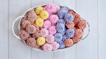 Colorful flowers DIY project made out of fabric or cloth. These handmade floral with rose flowers are great for handicraft project.