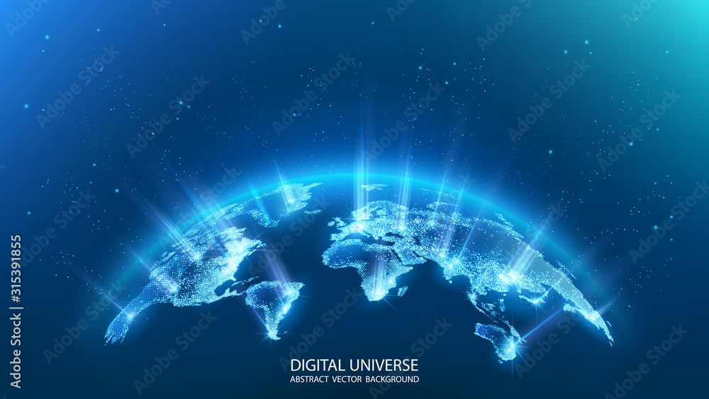 Poster map of the planet. rays of energy. world map. global social network. future. vector. blue futuristic