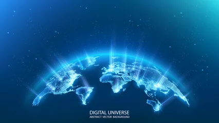 Foto op Aluminium Map of the planet. Rays of energy.  World map. Global social network. Future. Vector. Blue futuristic background with planet Earth. Internet and technology. Floating blue plexus geometric background. © vit_mar