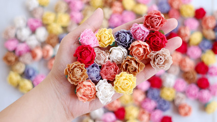 DIY peony flowers made out of fabric blossom. These tiny little colorful peony floral is great for handmade DIY project and handicraft collections.