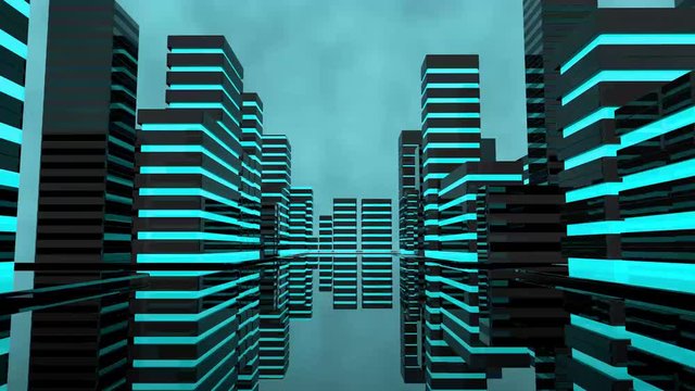 Futuristic City 3d cgi render seamless looping with blue lit buildings and very reflective glass surfaces