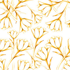 Fototapeta na wymiar Spring pattern with tulips, spring flower. March 8. yellow, golden Dutch tulips, vintage pencil drawing. field of tulips. Stock illustration. Background for wallpaper, textile, paper.