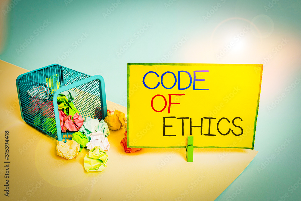 Poster writing note showing code of ethics. business concept for moral rules ethical integrity honesty good