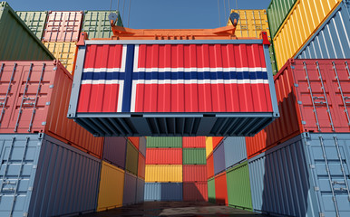 Container Terminal - Freight container with Norway flag. 3D Rendering