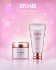 Realistic cream jar and tube with golden lids on pastel pink background with bokeh lights. Advertising poster for the promotion of cosmetic skin care premium product