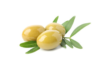 Tasty green olives and leaves isolated on white background, close up