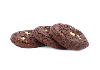 Tasty homemade chocolate cookies on white background