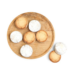 Sweet homemade tasty cookies on white background, top view
