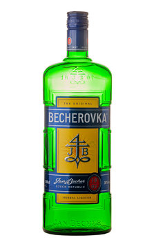 Sofia Bugaria - 13, januar 2020: Becherovka bottle in studio, white background