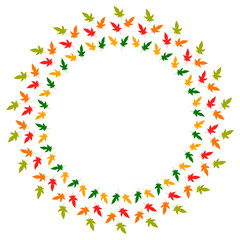Round frame of vertical autumn  leaves. Isolated nature frame on white background for your design.