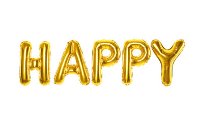 Word HAPPY made of golden foil balloons letters on white background