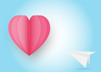 Pink paper cut heart love with white polygon plane on light blue