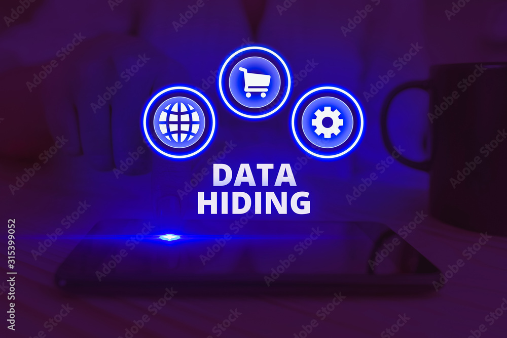 Poster word writing text data hiding. business photo showcasing secretly embedding data in graphics images 