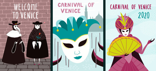 Set of carnival posters with people in costumes, masks, gondolas, Italian text Benvenuti a Venezia, Welcome to Venice. Hand drawn vector illustration. Flat style design. Concept for flyer, banner.