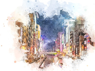 Abstract colorful cityscape buiding and walking street in Osaka, Japan on watercolor illustration painting background.