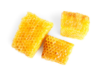 Fresh delicious sweet honeycombs isolated on white, top view