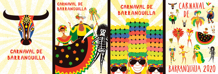 Set of Carnival of Barranquilla posters with people in traditional costumes, animal masks, tropical leaves, Spanish text. Hand drawn vector illustration. Flat style design. Concept for flyer, banner.