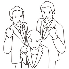 若者男女3人　ガッツポーズ　　線画