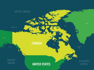 Canada map - green hue colored on dark background. High detailed political map Canada and neighboring countries with country, capital, ocean and sea names labeling