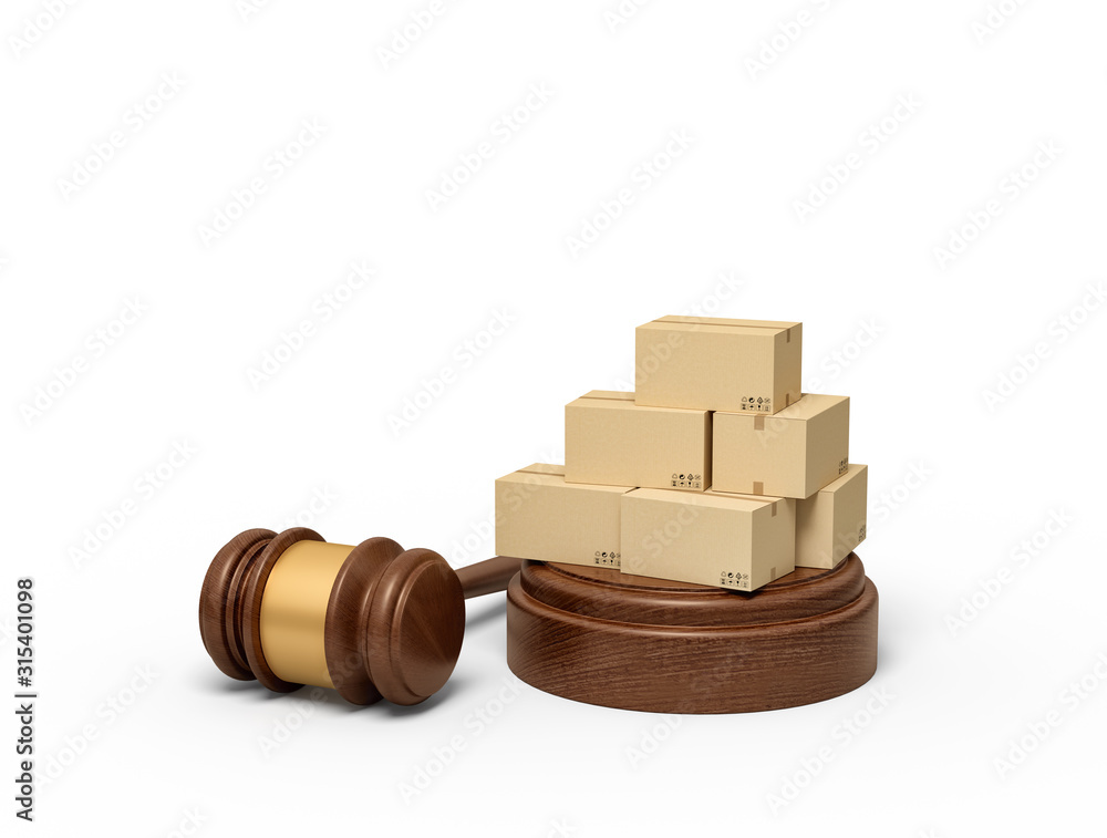 Aufkleber 3d rendering of pile of cardboard boxes on sounding block with gavel lying beside.