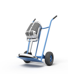 3d rendering of a vintage microphone on a hand truck