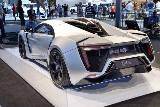 DUBAI, UAE - NOVEMBER 17: The WMotors Lykan hypersport car is on Dubai Motor Show 2017 on November 17, 2017