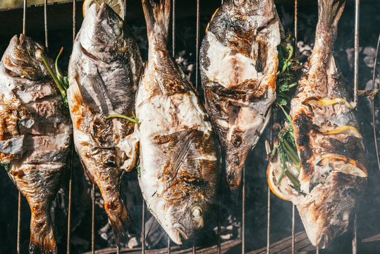 Delicious and fresh grilled fish with lemon on the Barbeque grill at the garden in summer