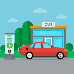 Electric car charging station icon with cafe. Place for rest. Flat style. Vector illustration