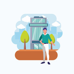 Isolated avatar man in front of a building vector design