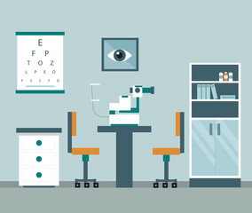 Medical And Healthcare Concept. Ophthalmology Cabinet And Equipment For Examining Patients Eyesight. Flat style. Vector Illustration