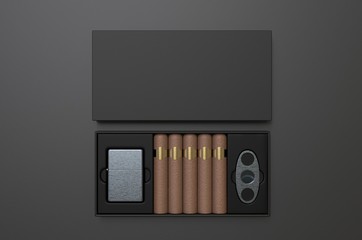 Blank cigars, lighter and cigar cutter in hard paper box template for mock up, 3d render illustration.  © godesignz