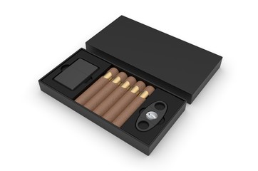 Blank cigars, lighter and cigar cutter in hard paper box template for mock up, 3d render illustration. 