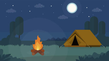 Travel and holiday concept. Tent and camp fire at night. Flat style. Vector illustration
