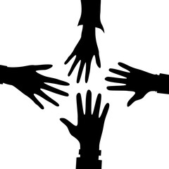 Friends with stack of hands black silhouettes top view. Friendship, Unity And Teamwork concept. Young people are putting their hands together. Flat style. Vector illustration