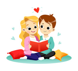 Children Education Concept. Happy Cute Cartoon Boy And Girl Are Reading The Book. Flat style. Vector Illustration