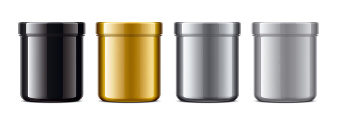Set of plastic Jars. Metalized surface version. Gold, Silver, Grey, Black colors.  - obrazy, fototapety, plakaty