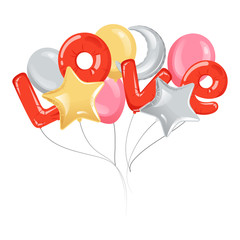 Bouquet of Balloons With Love Inscription . Party Balloons Event Design Isolated On The White Background. Decorations For Parties, Weddings, Birthdays, celebration. Flat style. Vector illustration