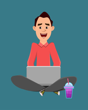 businessman character sitting on the floor and working in a laptop. Custom character for your design, video, animation or motion.