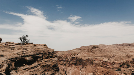 Jordan, desert landscape, ruins of petra, horse and desert, sand, stone, sun, perspective, landscape