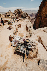 Jordan, desert landscape, ruins of petra, horse and desert, sand, stone, sun, perspective, landscape