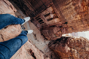 Jordan, desert landscape, ruins of petra, horse and desert, sand, stone, sun, perspective, landscape