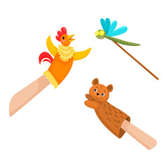 Hand puppets dolls roster, bear and dragonfly. Theater children play. Vector Isolated Objects