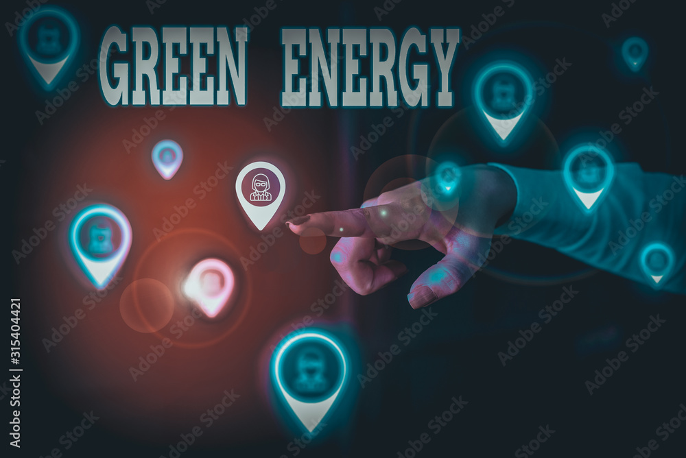 Aufkleber writing note showing green energy. business concept for comes from natural sources and does not harm