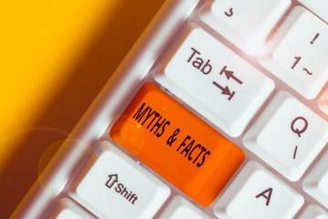Conceptual hand writing showing Myths And Facts. Concept meaning usually traditional story of...
