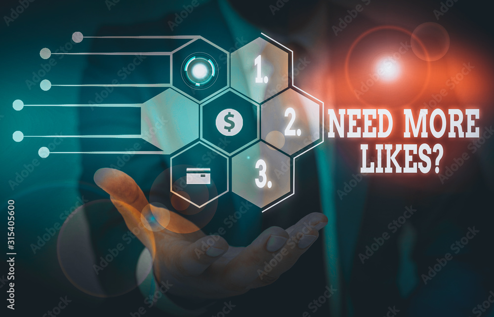 Poster writing note showing need more likes question. business concept for asking if he needs additional re