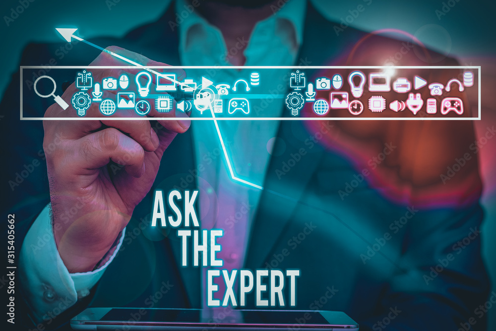 Aufkleber writing note showing ask the expert. business concept for looking for professional advice request he