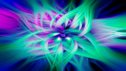 CGI abstract design in the shape of a flower from twisted light fibers. Vibrant glowing and colorful