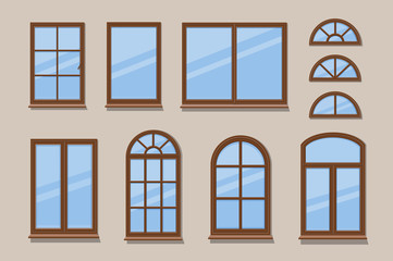 Windows brown various frames collection. Wooden window types in the wall