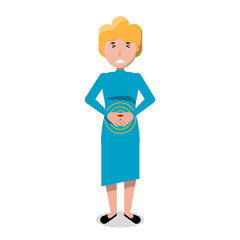 Stomach ache vector illustration. Female cartoon character with abdominal pain. Woman with diarrhea, stomach sickness or other health problems.