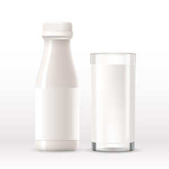 Bottle and glass of milk with blank label template isolated on white background : Vector Illustration
